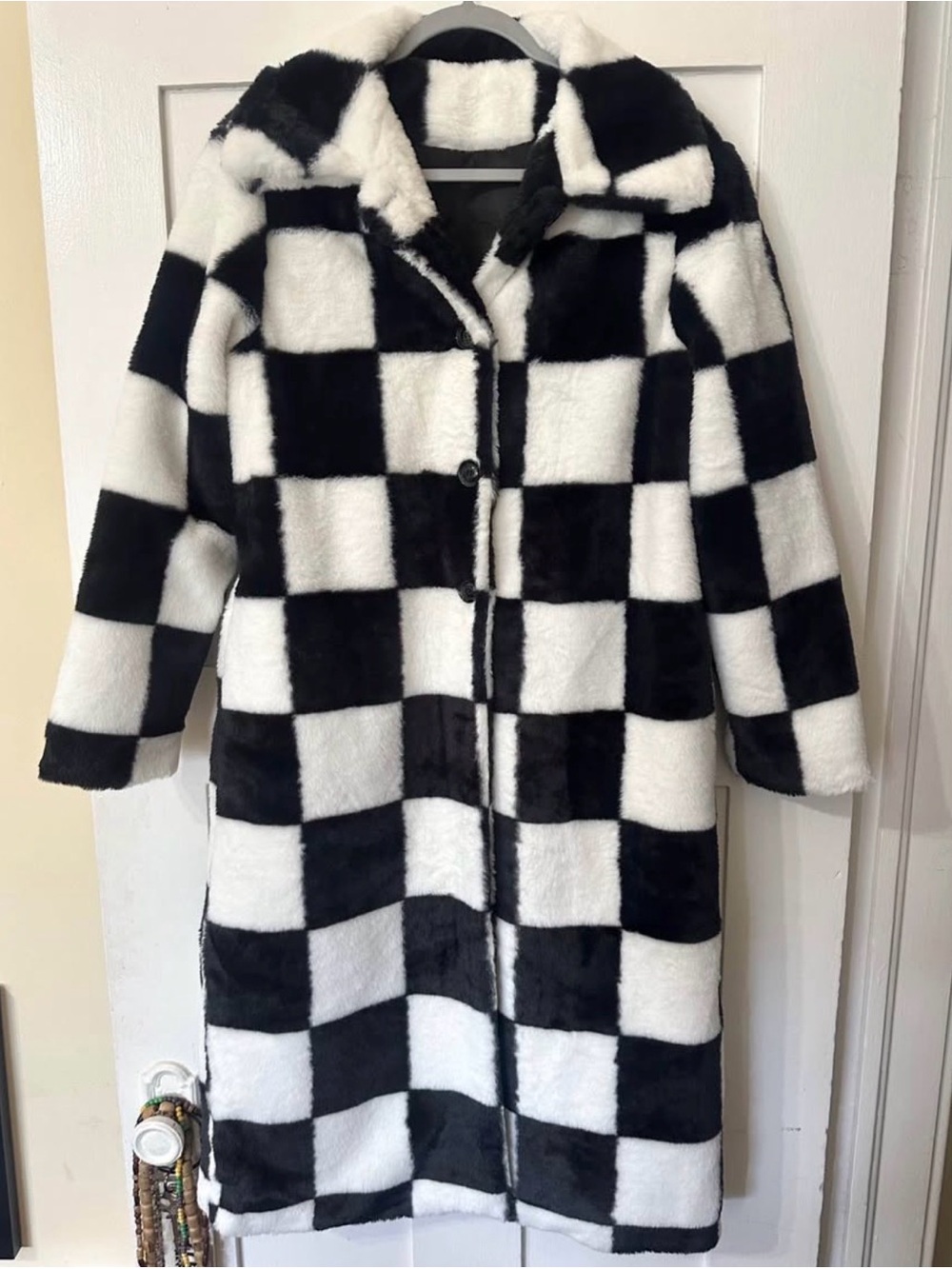 Black & White Check Long Faux Fur Coat - Women - Picture 3 of 5